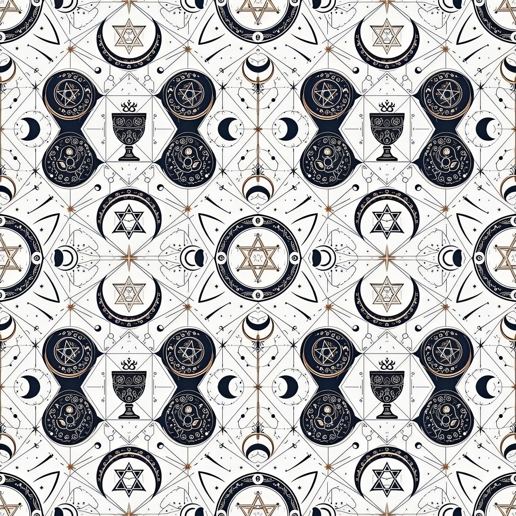 Mystical Geometric Wallpaper, Navy Copper Art Nouveau Pattern, Celestial Moon Star Design, Modern Gothic Home Decor