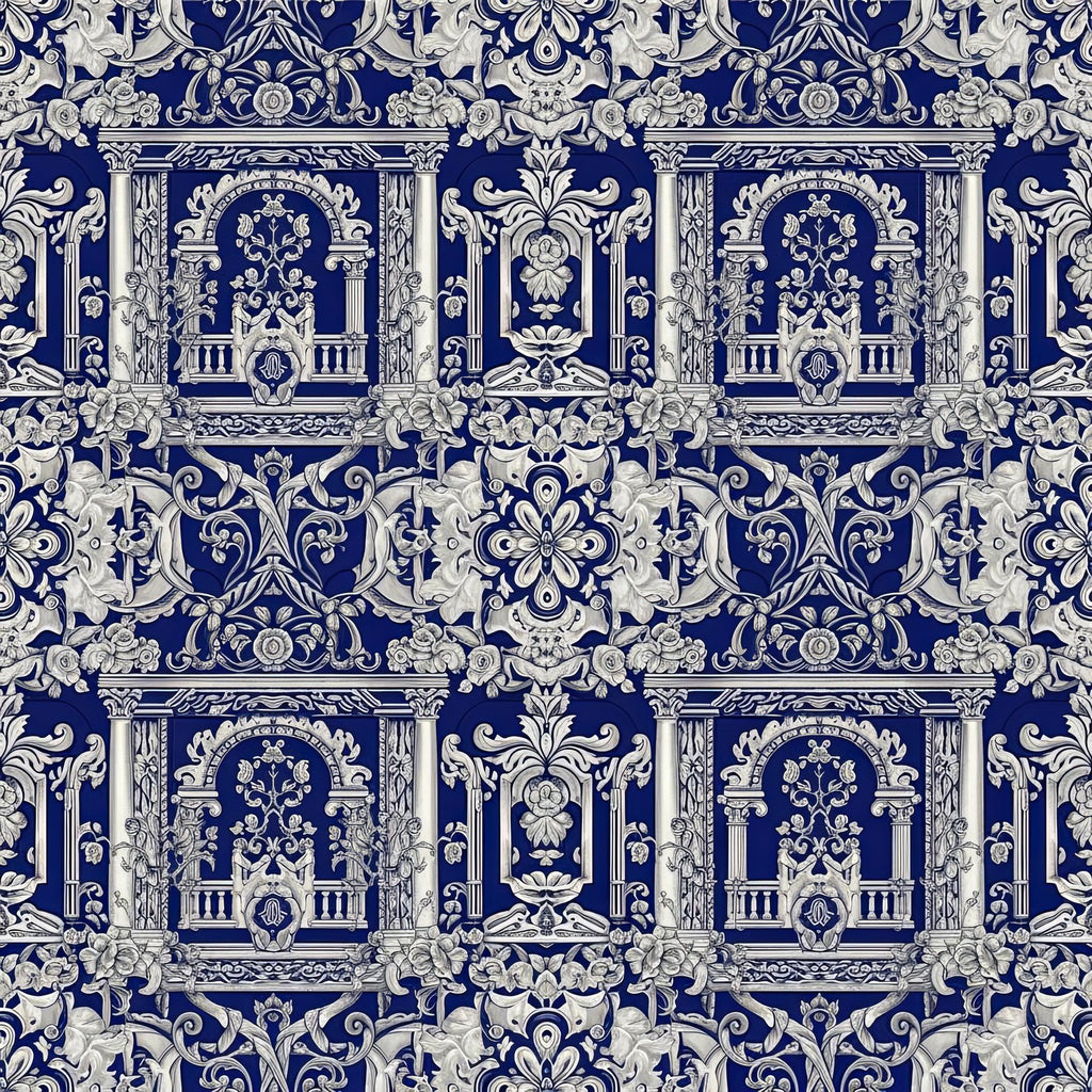 Baroque Castle Rose Wallpaper, Navy Blue Silver Floral Pattern, Renaissance Luxury Design, Royal Home Decor, Premium Wall Art