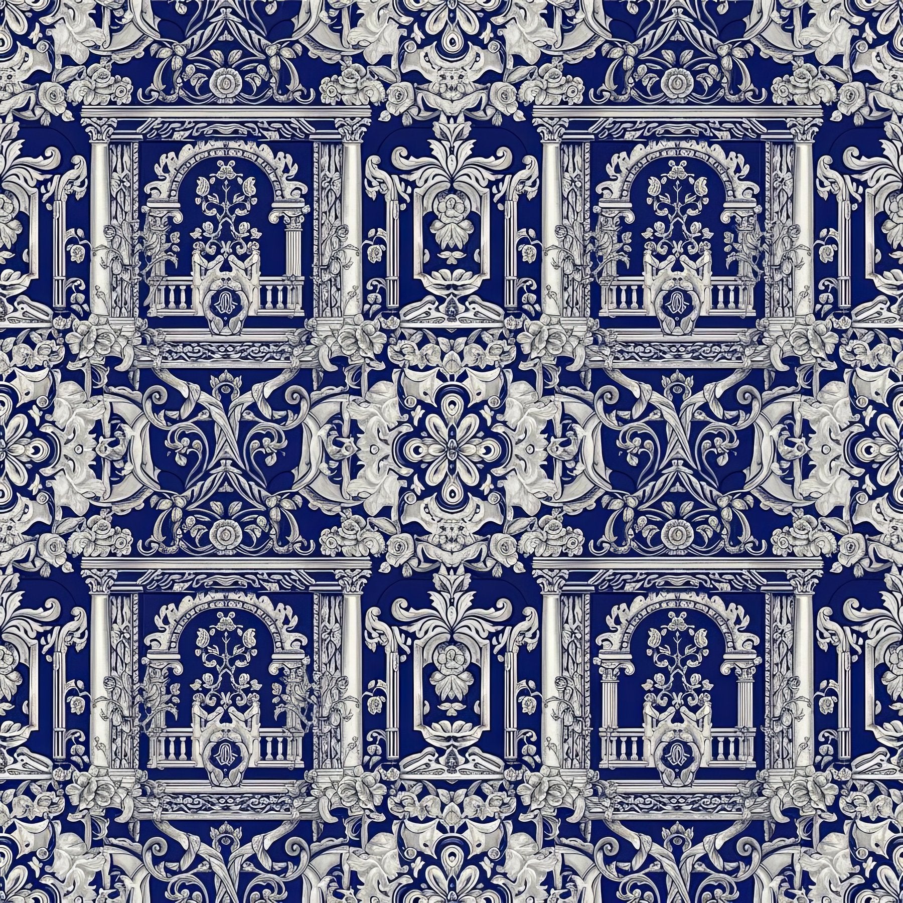 Baroque Castle Rose Wallpaper, Navy Blue Silver Floral Pattern, Renaissance Luxury Design, Royal Home Decor, Premium Wall Art