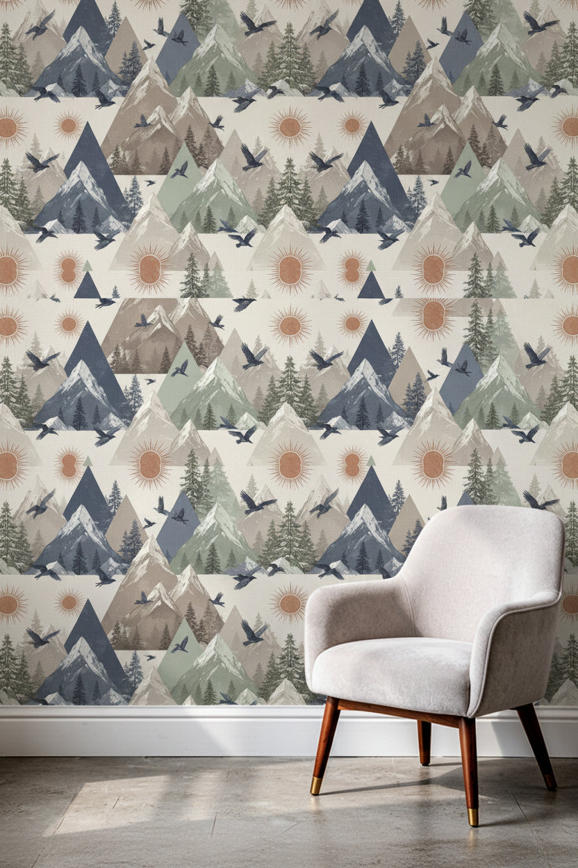 Scandinavian Mountain Wallpaper, Nordic Nursery Wall Mural, Slate Blue and Sage Green Seamless Pattern, Modern Kids Room Decor