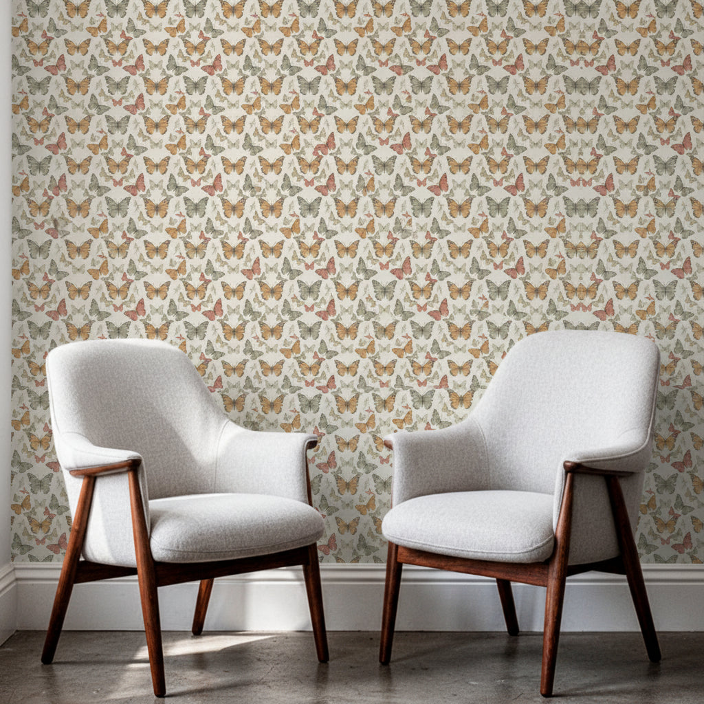 Vintage Lepidoptera Wallpaper, Terracotta and Mustard Butterfly Decor, Cream Seamless Pattern, Professional Grade Wall Covering