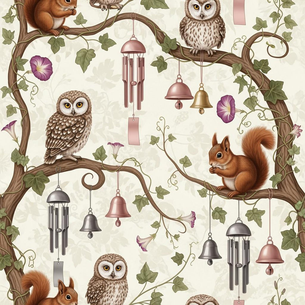 Owl Branch Music Wallpaper, Baby Animals Nursery Pattern, Rose Gray Woodland Decor, Kids Room Peel and Stick Wall Art