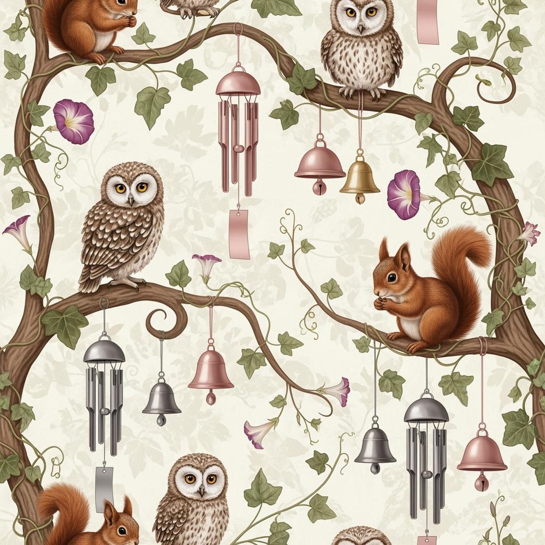 Owl Branch Music Wallpaper, Baby Animals Nursery Pattern, Rose Gray Woodland Decor, Kids Room Peel and Stick Wall Art