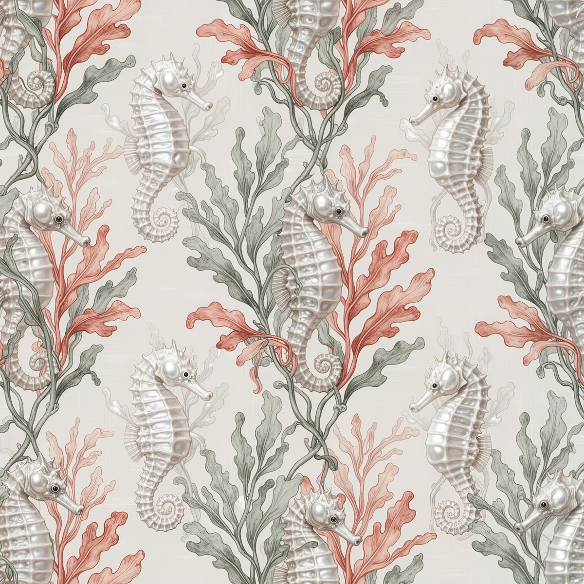 Pearl Seahorse Chinoiserie Wallpaper, Realistic Sea Life Wall Decor, Luxury Nursery Peel and Stick, Nautical Kids Room, Coastal Home Art