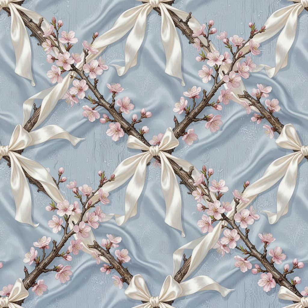 Powder Blue Chinoiserie Wallpaper, Ivory Silk Bow Pattern, Realistic Cherry Blossom Wall Art, Luxury Oriental Style, Elegant Nursery Decor
