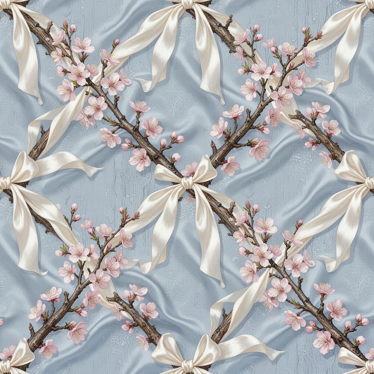 Powder Blue Chinoiserie Wallpaper, Ivory Silk Bow Pattern, Realistic Cherry Blossom Wall Art, Luxury Oriental Style, Elegant Nursery Decor
