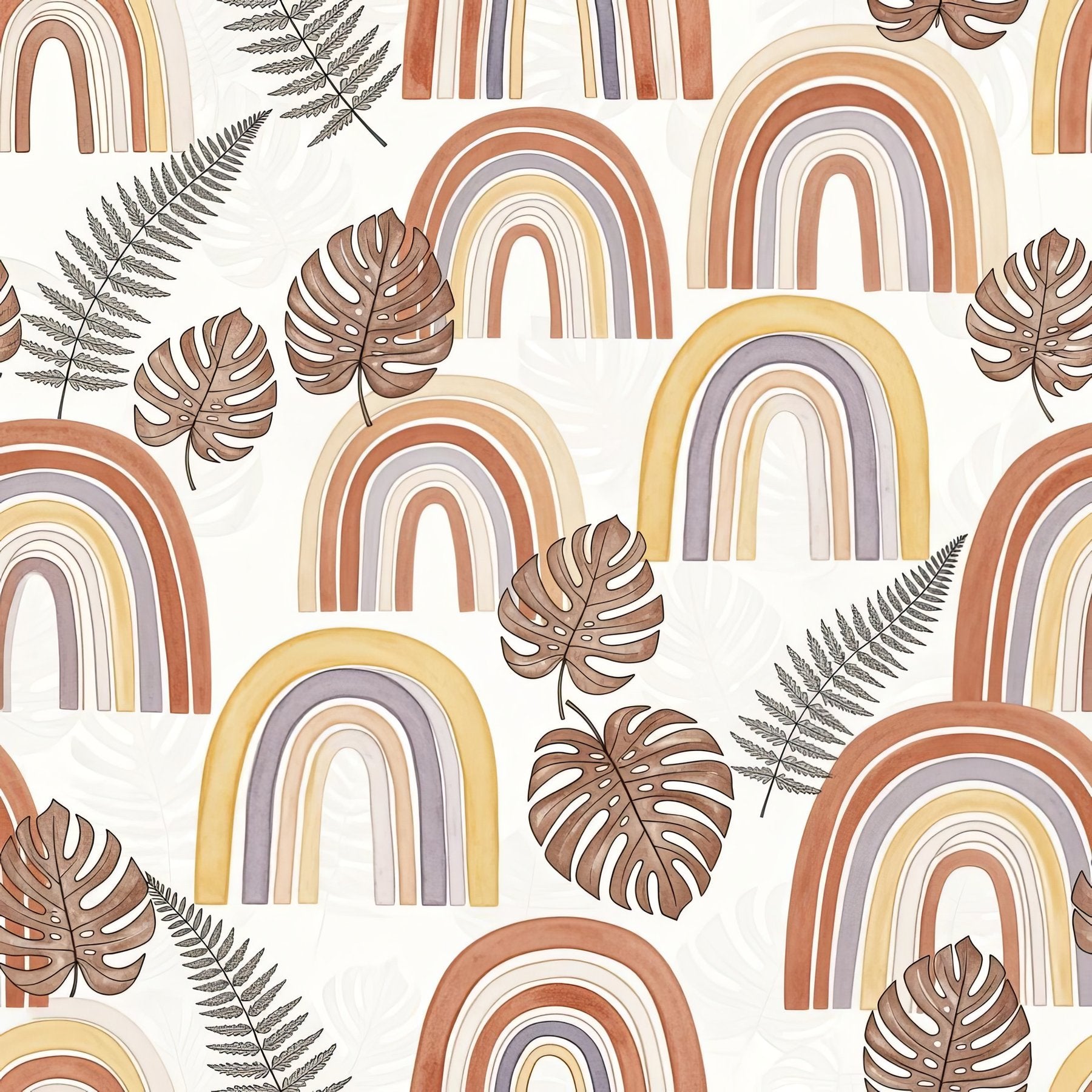 Rainbow Watercolor Wallpaper, Fern Leaf Pattern, Boho Tropical Design, Removable Wall Art, Nursery Nature Decor