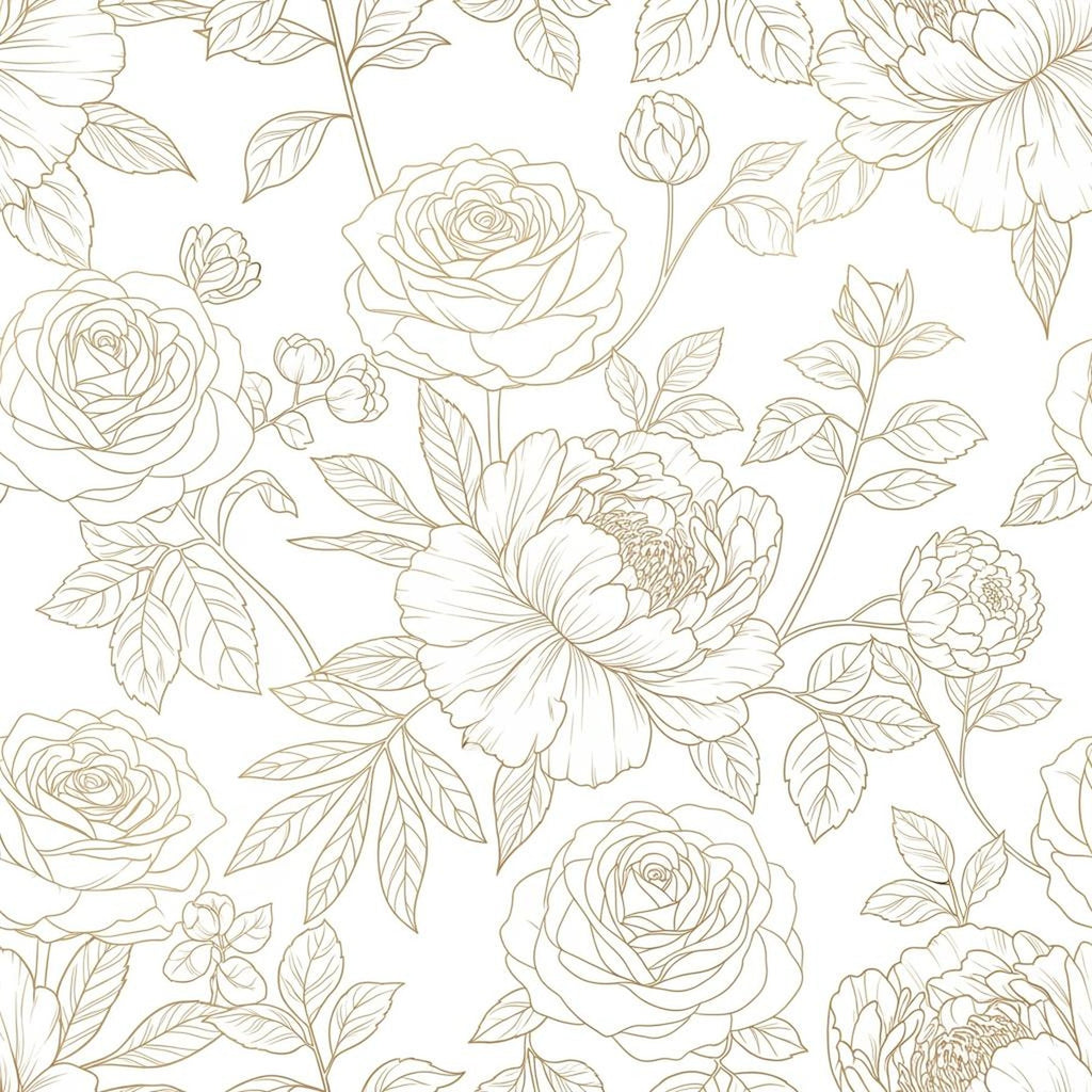 Romantic Floral Wallpaper, Gold Rose Pattern, Large Botanical Design, Luxury Wall Art, Contemporary Home Decor