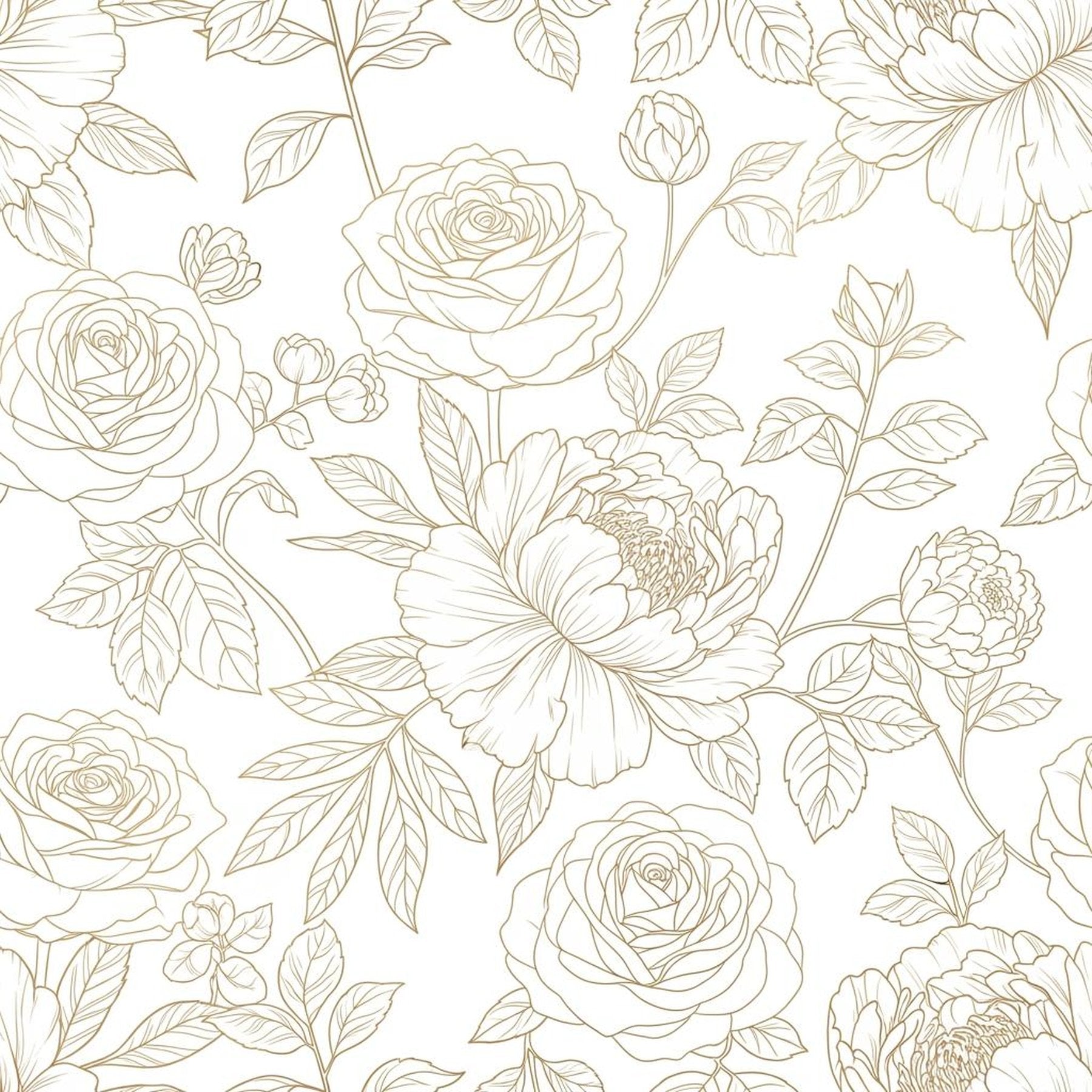 Romantic Floral Wallpaper, Gold Rose Pattern, Large Botanical Design, Luxury Wall Art, Contemporary Home Decor