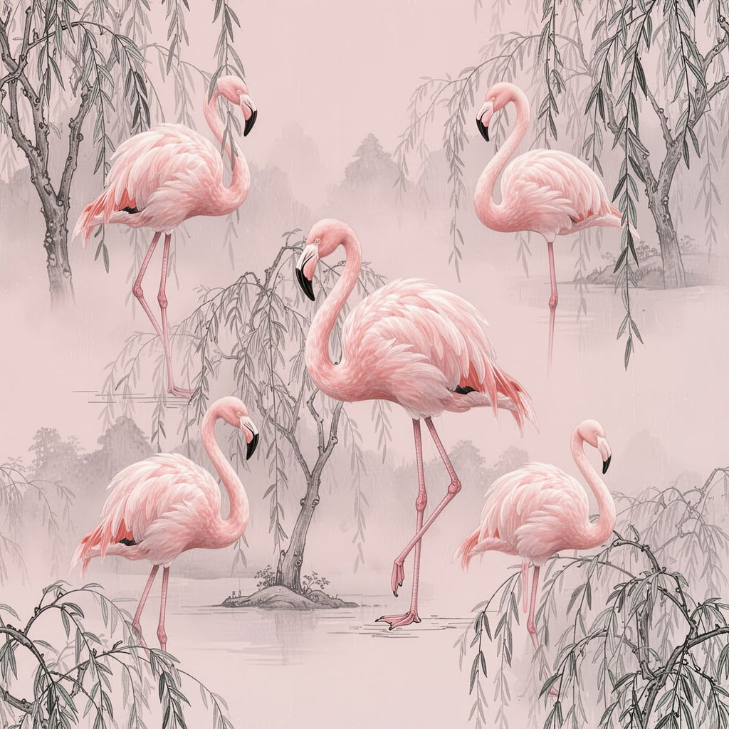 Rose Quartz Flamingo Wallpaper, Chinoiserie Pink Pattern, Luxury Bird Wall Art, Realistic Silk Texture, Elegant Nursery Wallpaper