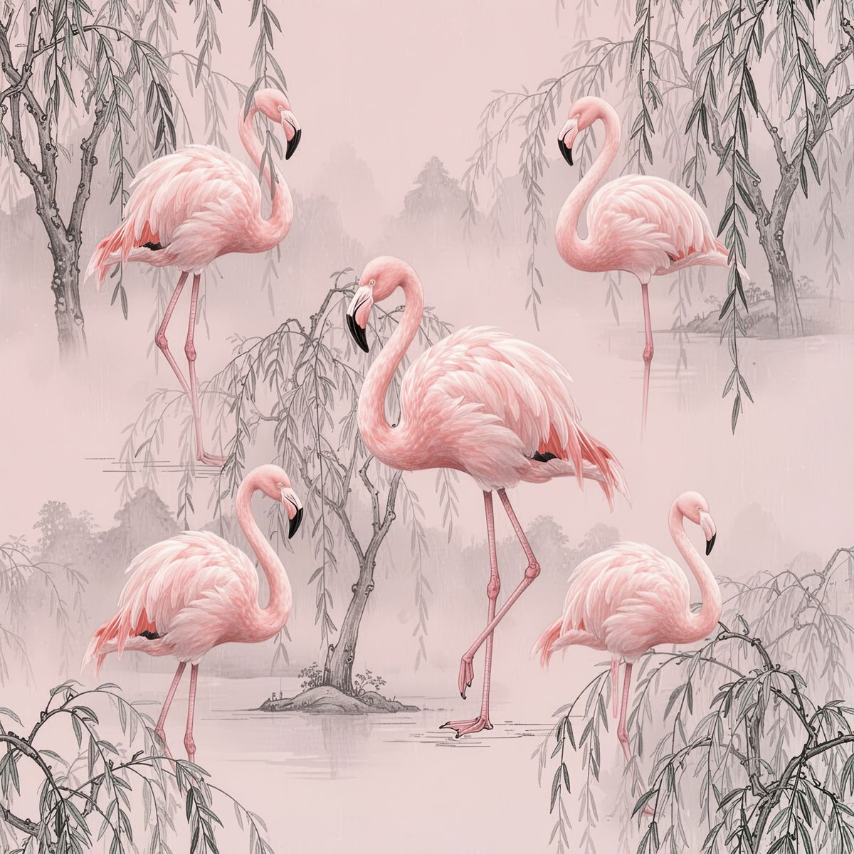 Rose Quartz Flamingo Wallpaper, Chinoiserie Pink Pattern, Luxury Bird Wall Art, Realistic Silk Texture, Elegant Nursery Wallpaper