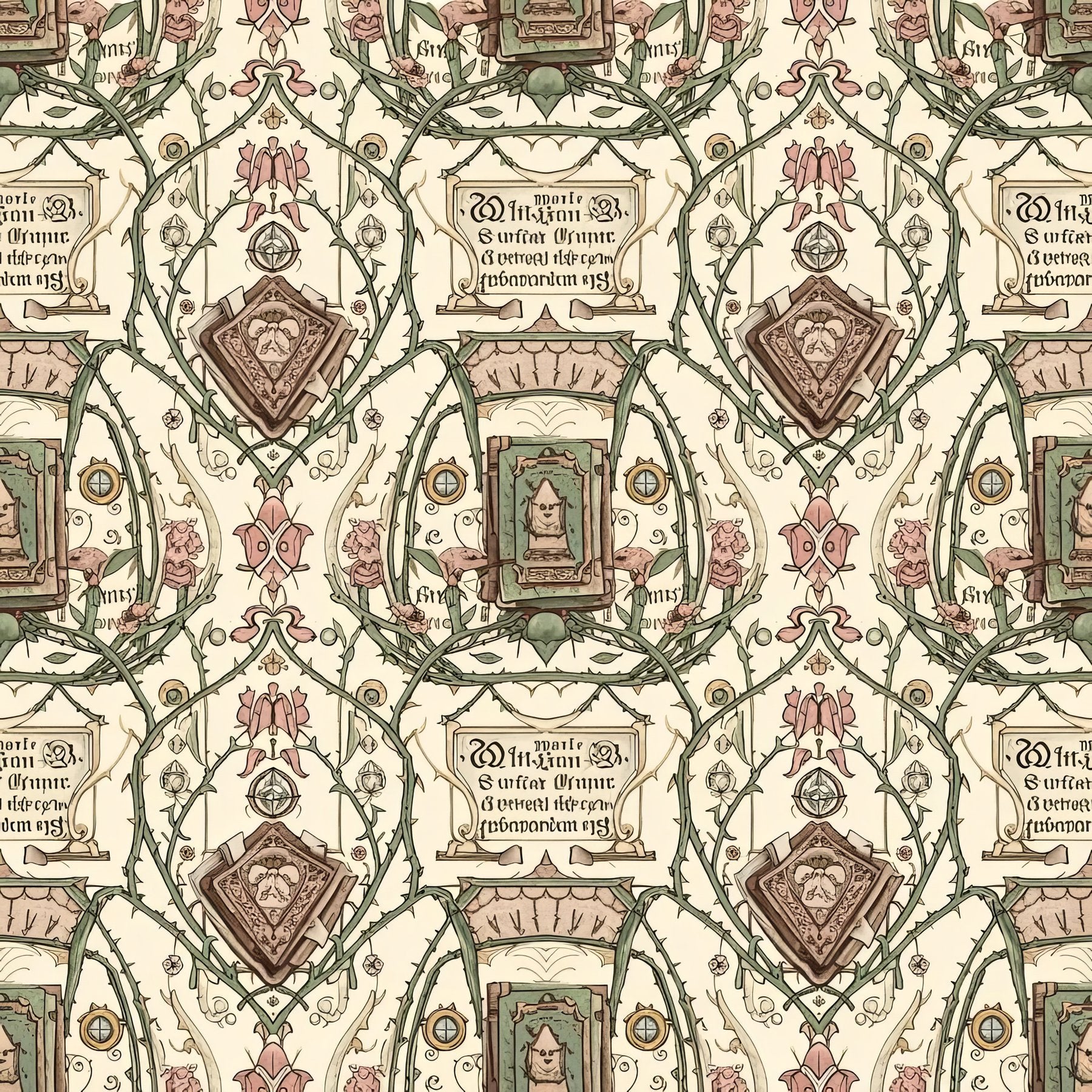 Romantic Botanical Wallpaper, Rose Pink Sage Green Pattern, Vintage Spell Book Design, Cottagecore Peel and Stick