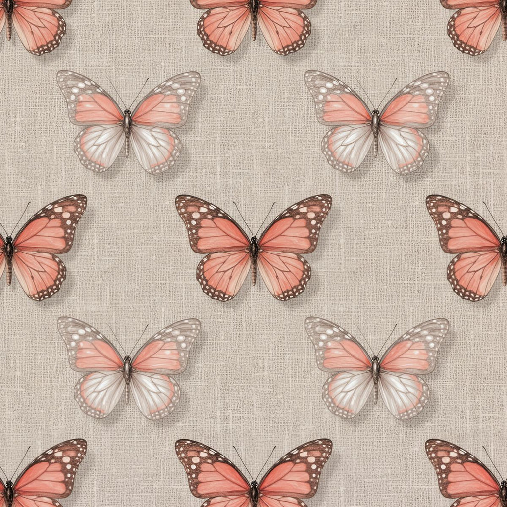 Salmon Pink Butterfly Wallpaper, Realistic Toile Pattern, Luxury Linen Texture, Whimsical Nature Wall Art, Soft Pink Peel and Stick