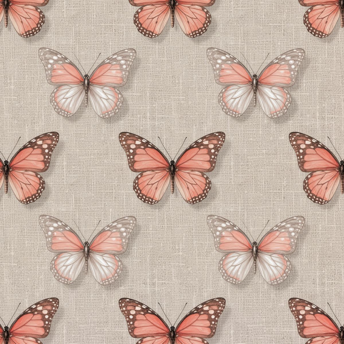 Salmon Pink Butterfly Wallpaper, Realistic Toile Pattern, Luxury Linen Texture, Whimsical Nature Wall Art, Soft Pink Peel and Stick
