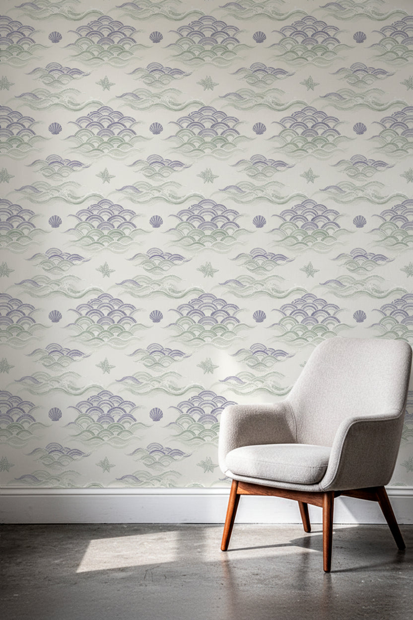 Soft Seafoam Scallop Wallpaper, Modern Nautical Wall Art, Minimalist Ocean Ripple Pattern, Elegant Nursery Removable Wallpaper
