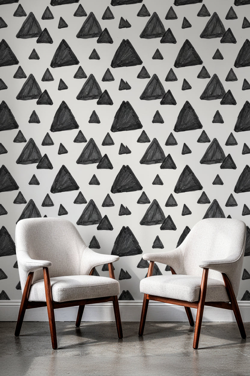 Scandinavian Minimalist Triangle Wallpaper, Charcoal Black Hand Drawn Geometric, Modern Nursery Wall Decor, Cream Peel and Stick Mural