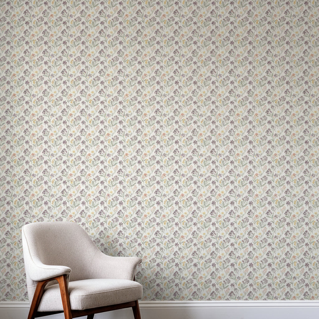 Muted Pastel Wildflower Wallpaper, Scandi Style Floral Pattern, Cream Botanical Wall Art, Luxury Removable Wallpaper, Whimsical Floral