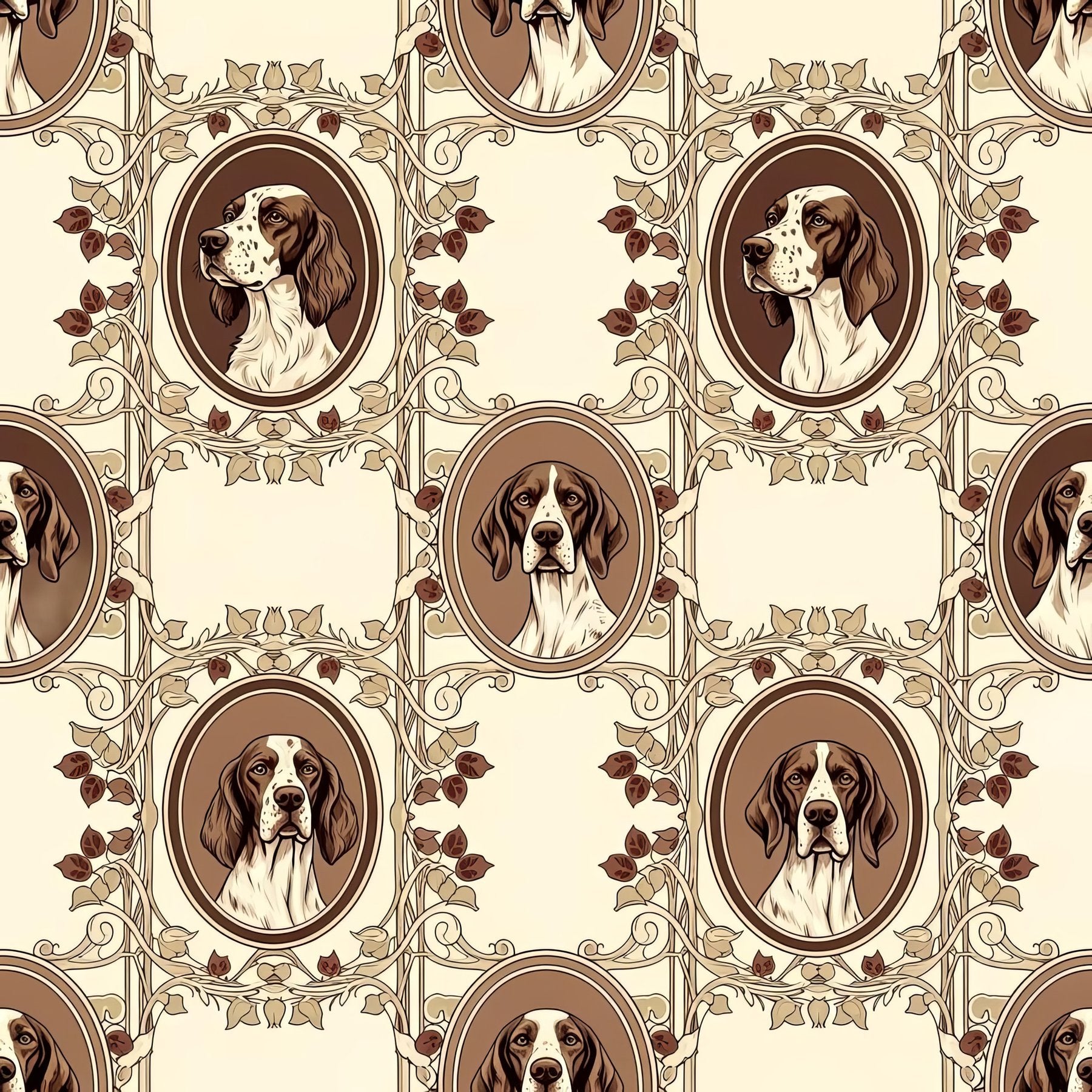 Vintage Dog Portrait Wallpaper, Sepia Brown Hunting Dogs, Classic English Setter Pattern, Luxury Peel Stick Wall Decor
