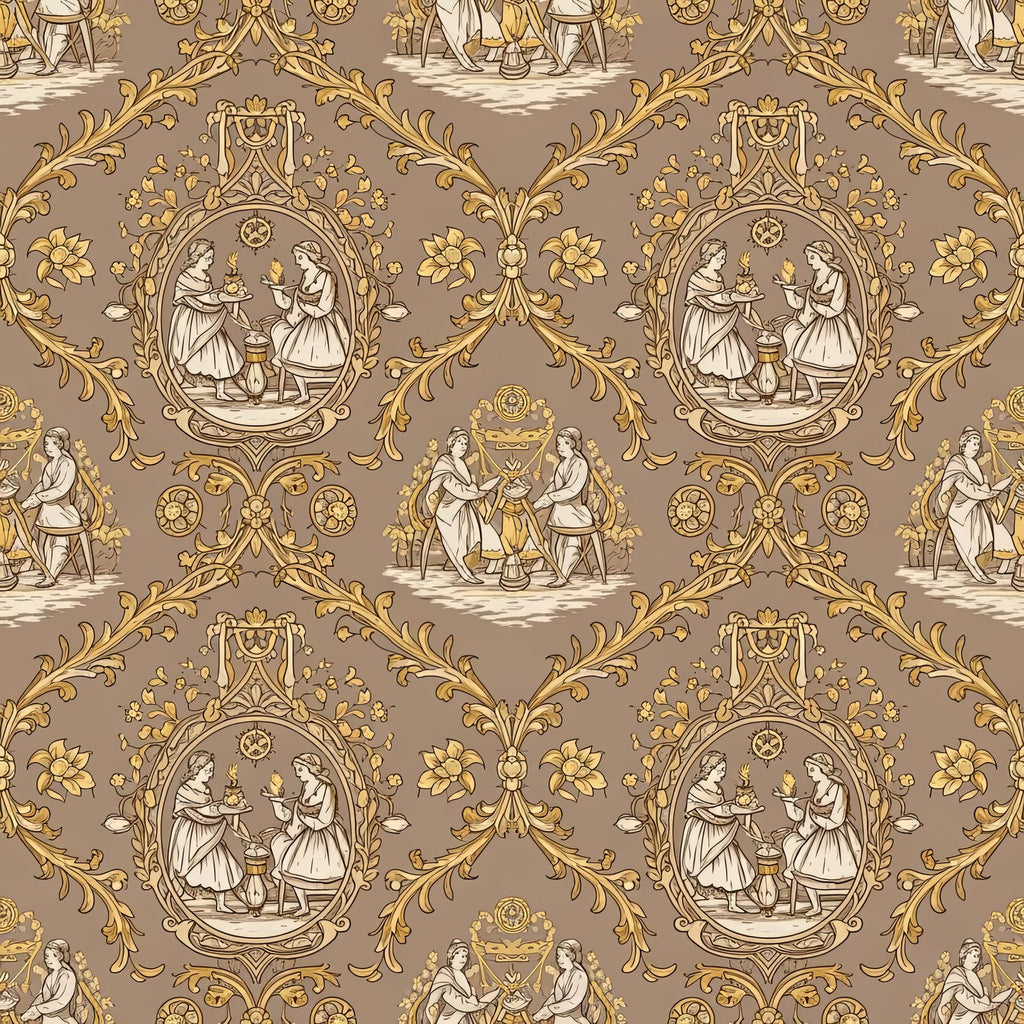 French Toile Love Wallpaper, Sepia Brown Romantic Pattern, Vintage Courtly Scenes Design, Classic Peel and Stick