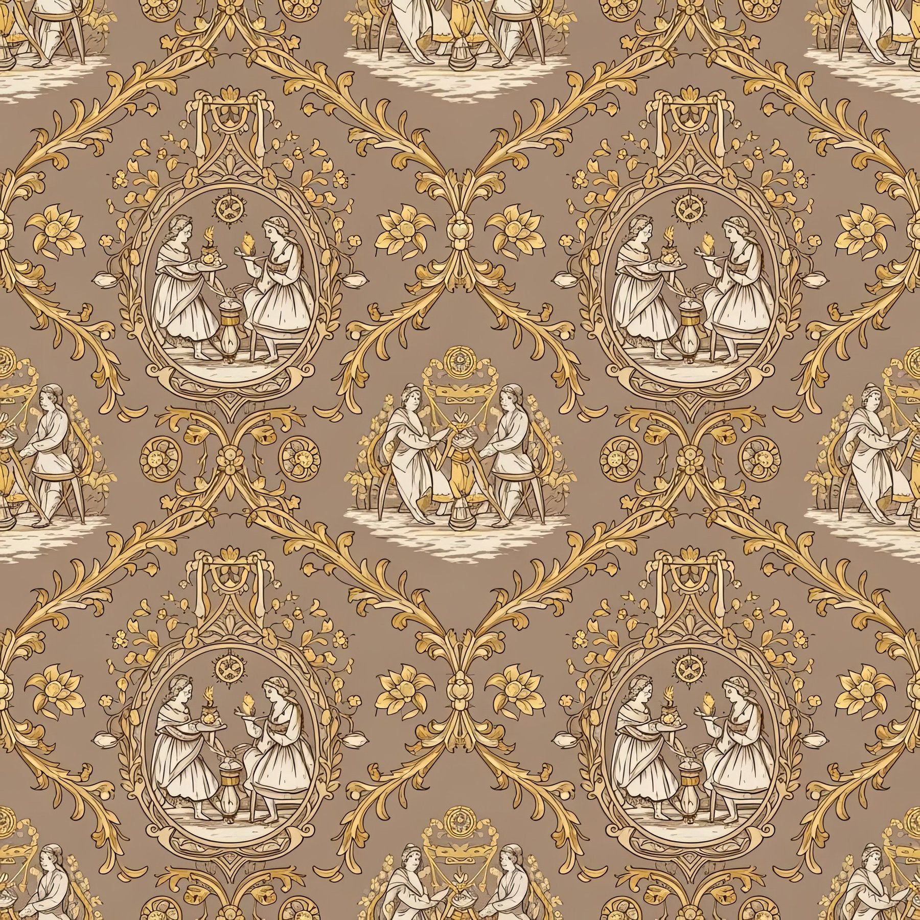 French Toile Love Wallpaper, Sepia Brown Romantic Pattern, Vintage Courtly Scenes Design, Classic Peel and Stick
