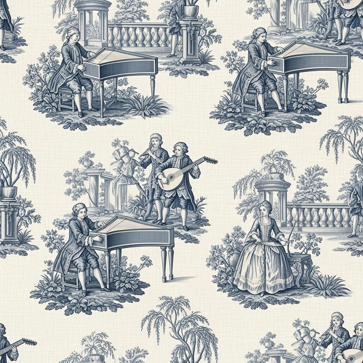 Music Toile Wallpaper, Slate Blue Classical Pattern, Musician Wall Decor, Luxury Peel and Stick, French Country Home Decor