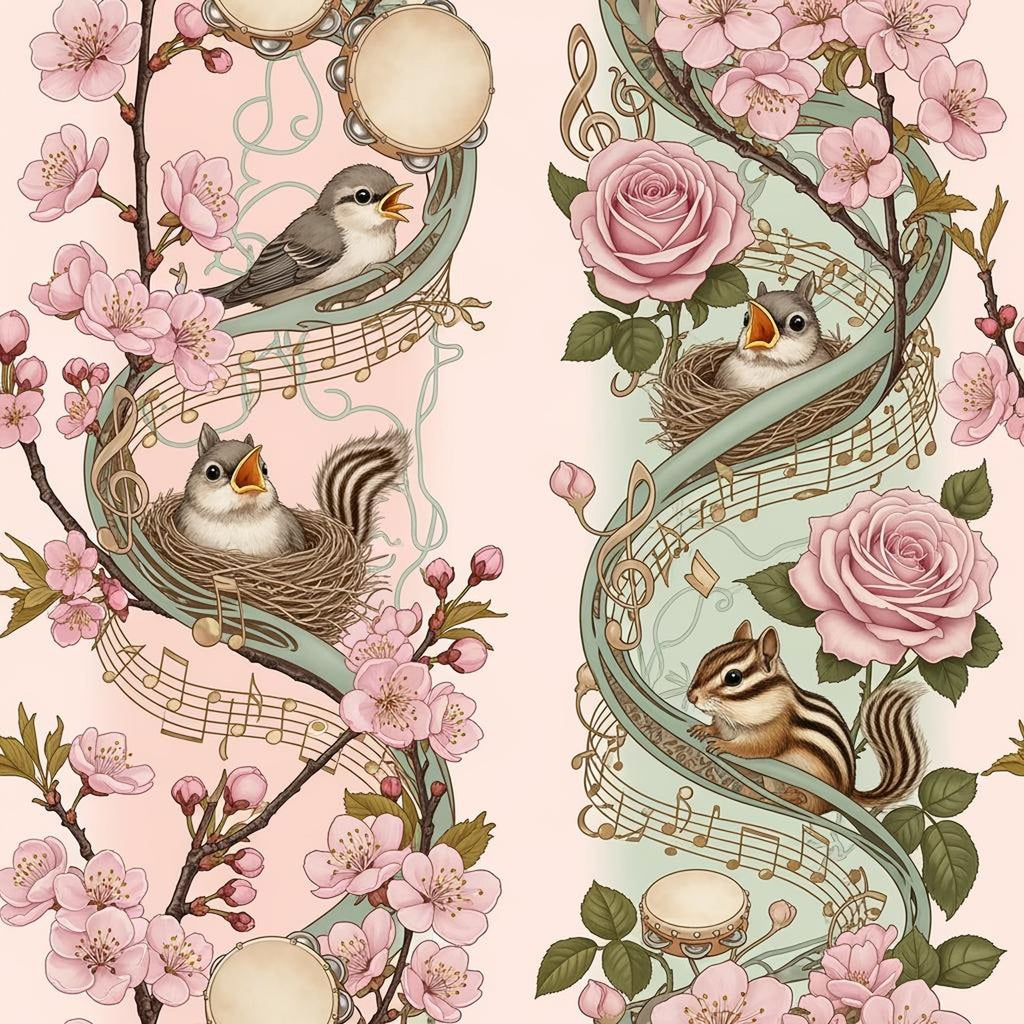 Songbird Music Wallpaper, Baby Animals Cherry Blossom Pattern, Pink Green Nursery Decor, Kids Room Art Nouveau Wall Art