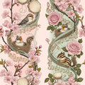 Songbird Music Wallpaper, Baby Animals Cherry Blossom Pattern, Pink Green Nursery Decor, Kids Room Art Nouveau Wall Art