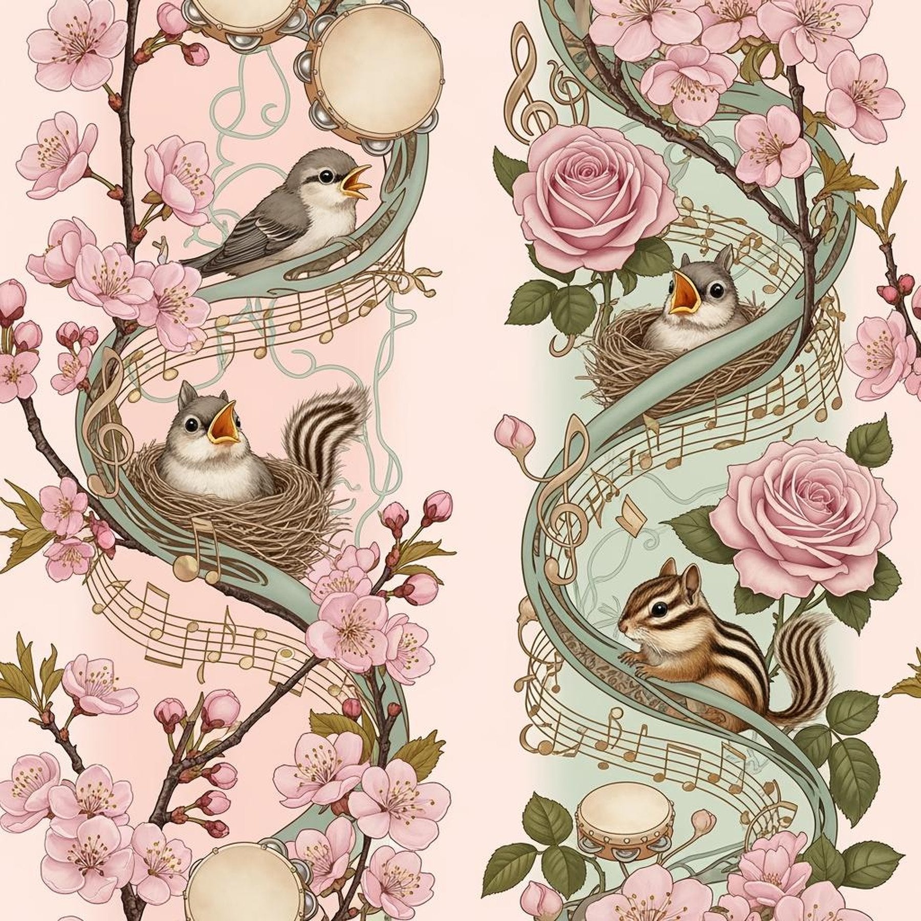Songbird Music Wallpaper, Baby Animals Cherry Blossom Pattern, Pink Green Nursery Decor, Kids Room Art Nouveau Wall Art