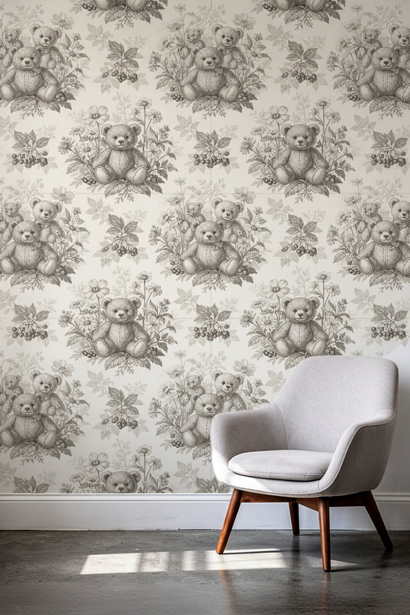Serene Sepia Forest Bear Wallpaper, Vintage Toile de Jouy Nursery, Honey Jar and Berry Pattern, Luxury Cream Wallpaper, Classic Baby Room