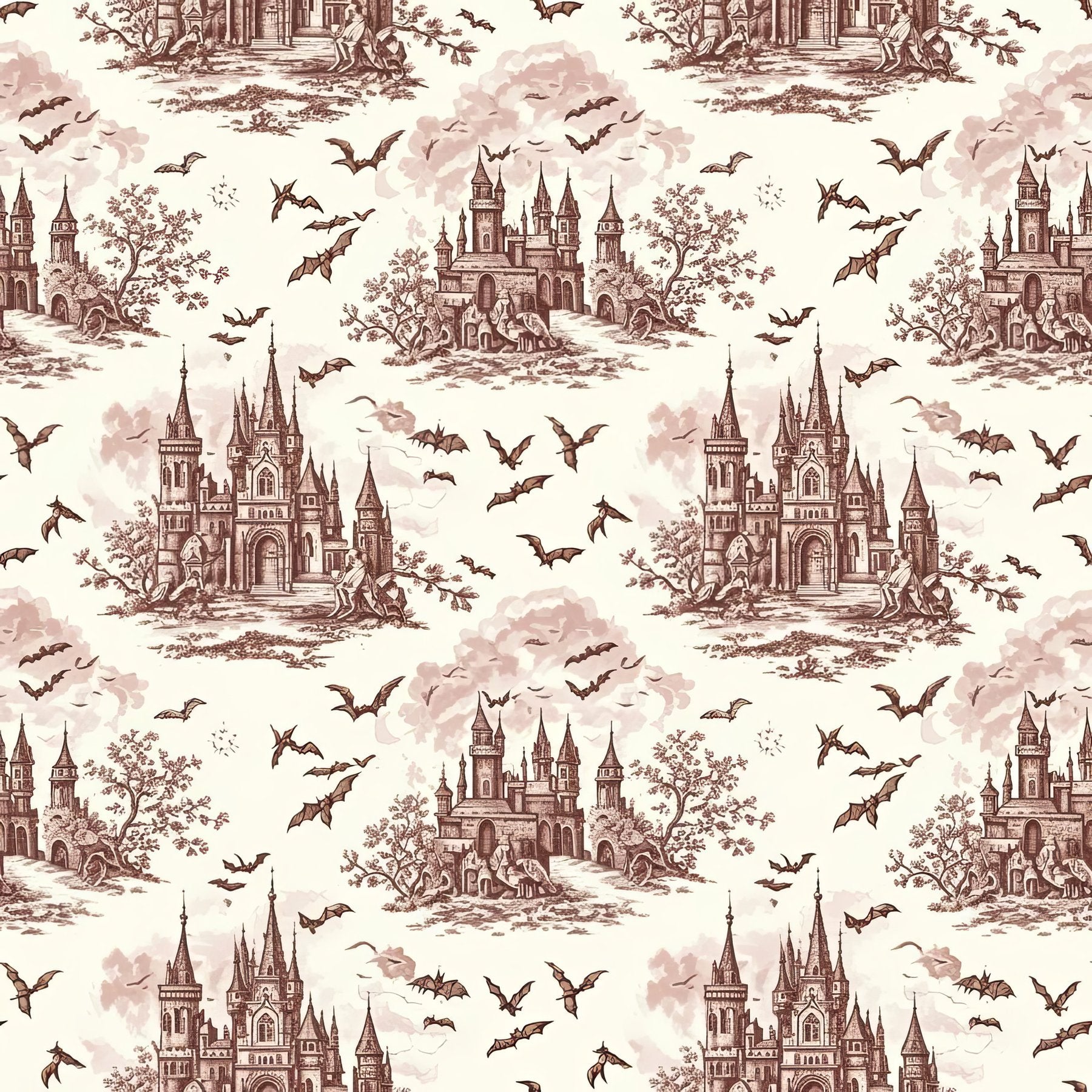 Victorian Gothic Toile Wallpaper, Sepia Castle Bat Pattern, Vintage Style Peel Stick, Classical Home Decor Wall Art