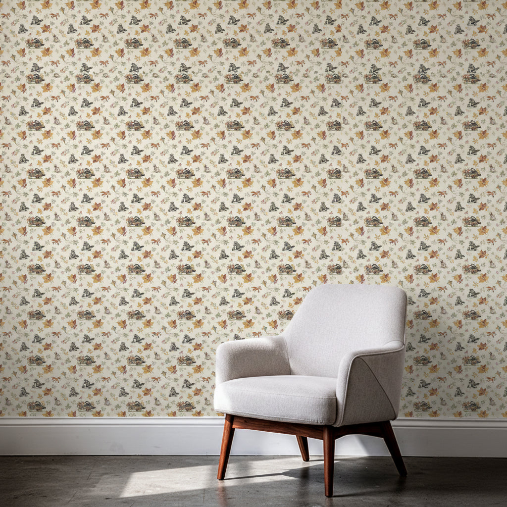 Vintage Woodland Animal Wallpaper, Cream Storybook Nursery Decor, Hand Painted Seamless Pattern, Luxury Peel and Stick, Neutral Kids Room