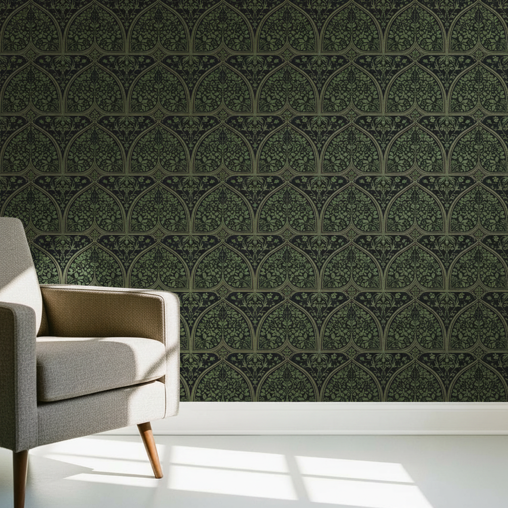 Gothic Arch Wallpaper, Green Trefoil Pattern, Medieval Botanical Design, Luxury Dark Green Wall Decor, Art Deco Elements