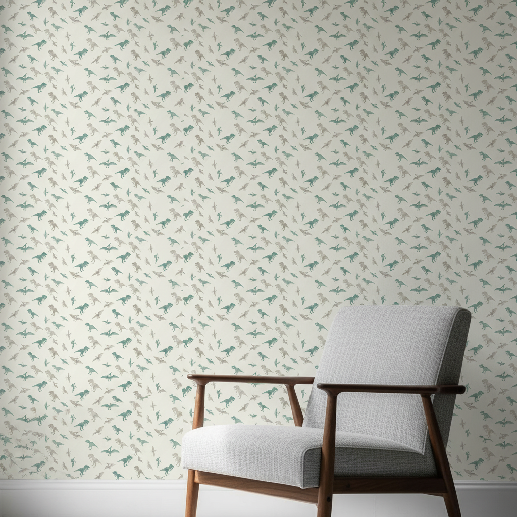 Teal Dinosaur Wallpaper, T-Rex Kids Room Decor, Minimalist Nursery Art, Watercolor Seamless Pattern Design