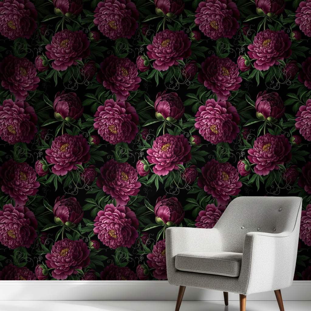 Dark Romantic Peony Wallpaper, Magenta Floral Pattern, Baroque Style Removable Wallpaper, Luxury Home Decor, Moody Maximalist