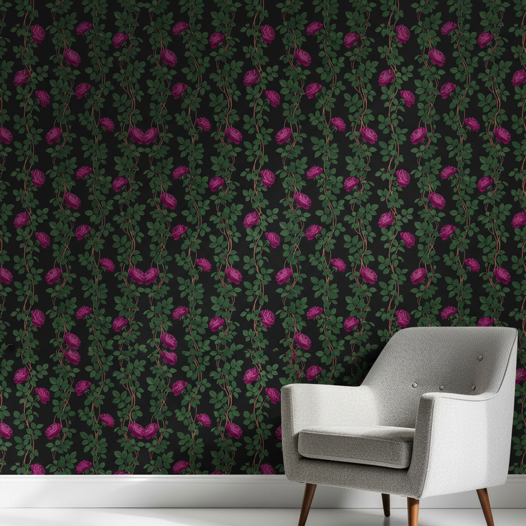 Art Nouveau Rose Wallpaper, Emerald Green Floral Vine, Dark Botanical Pattern, Luxury Removable Wallpaper, Maximalist Decor