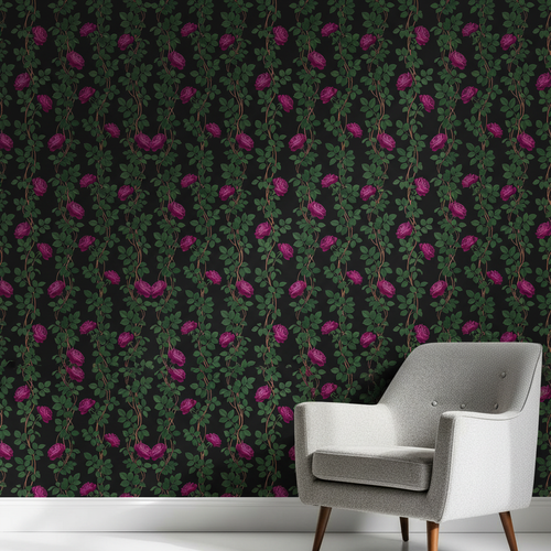 Art Nouveau Rose Wallpaper, Emerald Green Floral Vine, Dark Botanical Pattern, Luxury Removable Wallpaper, Maximalist Decor
