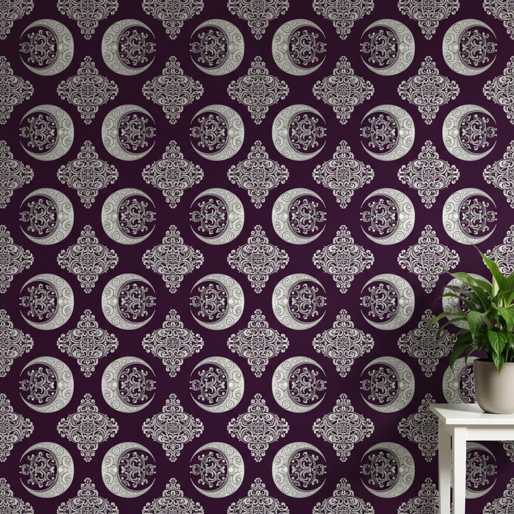 Baroque Moon Damask Wallpaper, Purple Silver Classical Pattern, Luxury Peel Stick, Elegant Home Decor Wall Art