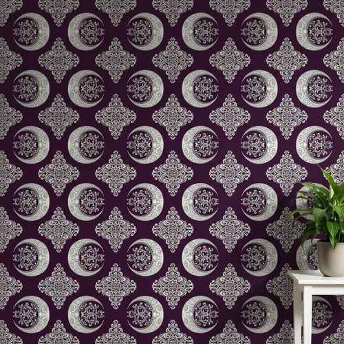 Baroque Moon Damask Wallpaper, Purple Silver Classical Pattern, Luxury Peel Stick, Elegant Home Decor Wall Art