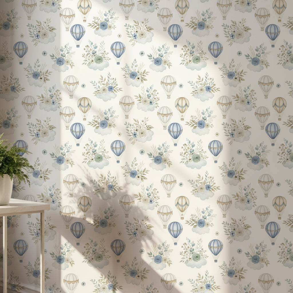 Botanical Air Balloon Wallpaper, Vintage Blue Pattern, Nursery Room Decor, Floral Cloud Design, Peel and Stick Art