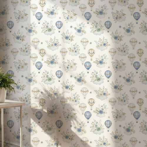 Botanical Air Balloon Wallpaper, Vintage Blue Pattern, Nursery Room Decor, Floral Cloud Design, Peel and Stick Art