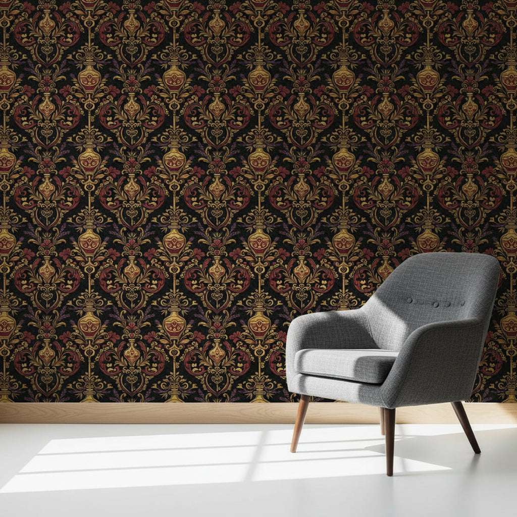 Victorian Love Spell Wallpaper, Burgundy Gold Damask Pattern, Gothic Romance Home Decor, Luxury Peel Stick Wall Art