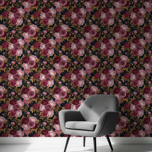 Burgundy Rose Wallpaper, Dark Romantic Floral Pattern, Victorian Botanical Design, Luxury Peel and Stick Decor