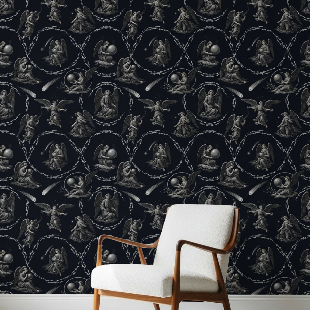 Celestial Angel Toile Wallpaper, Classical Lightning Pattern, Indigo Silver Gray, Vintage Luxury Wall Art, Gothic Home Decor
