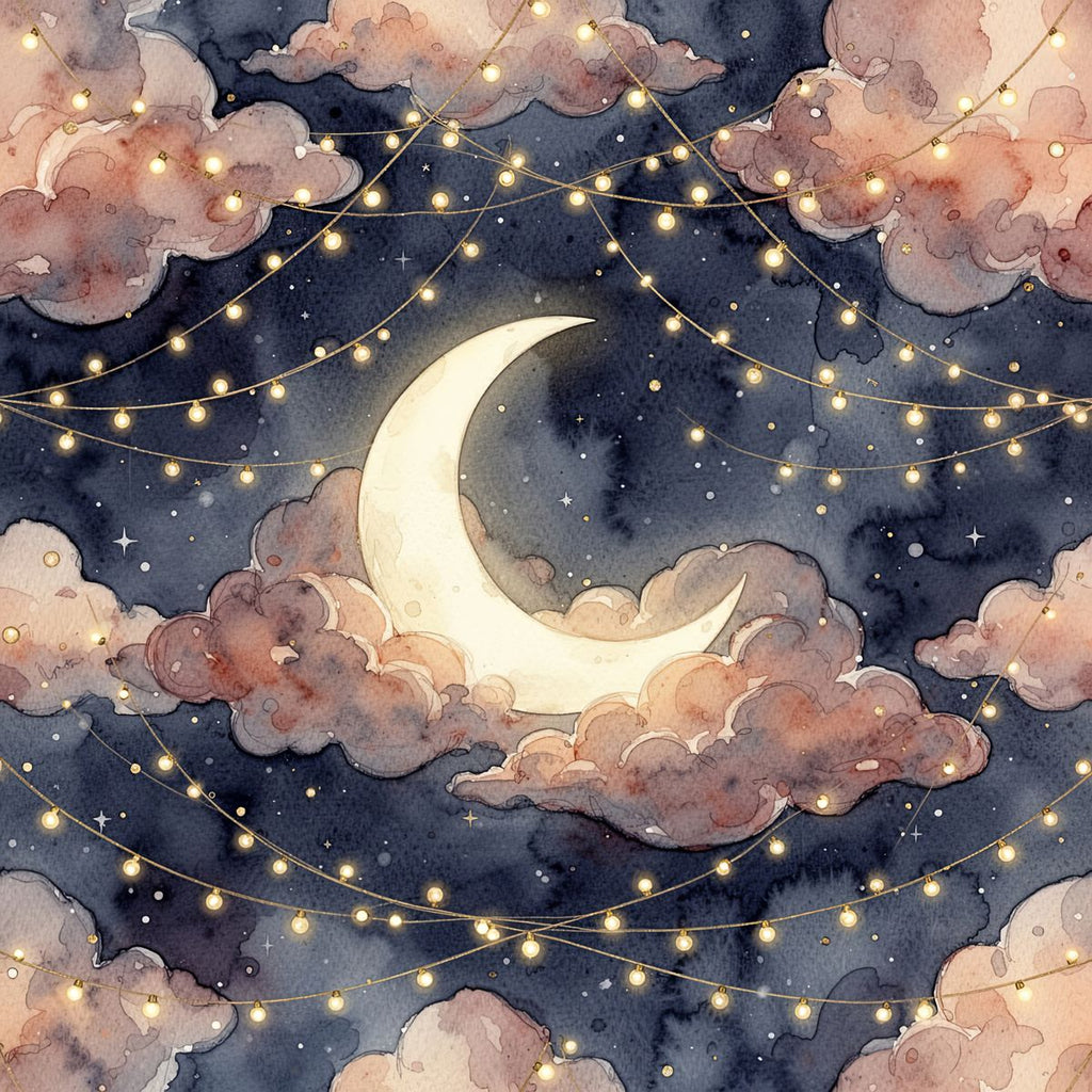 Whimsical Celestial Moon Wallpaper, Navy Blue and Gold Starry Night, Dusty Rose Clouds, Luxury Watercolor Seamless Pattern, Nursery Decor