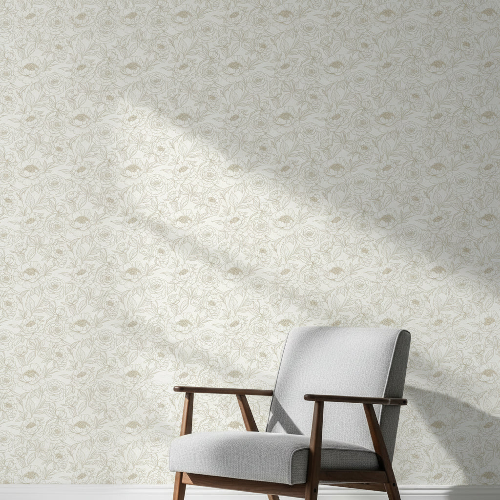 Oversized Peony Wallpaper, Champagne Gold Floral Pattern, Luxury Botanical Wall Decor, Modern Romantic Home Design