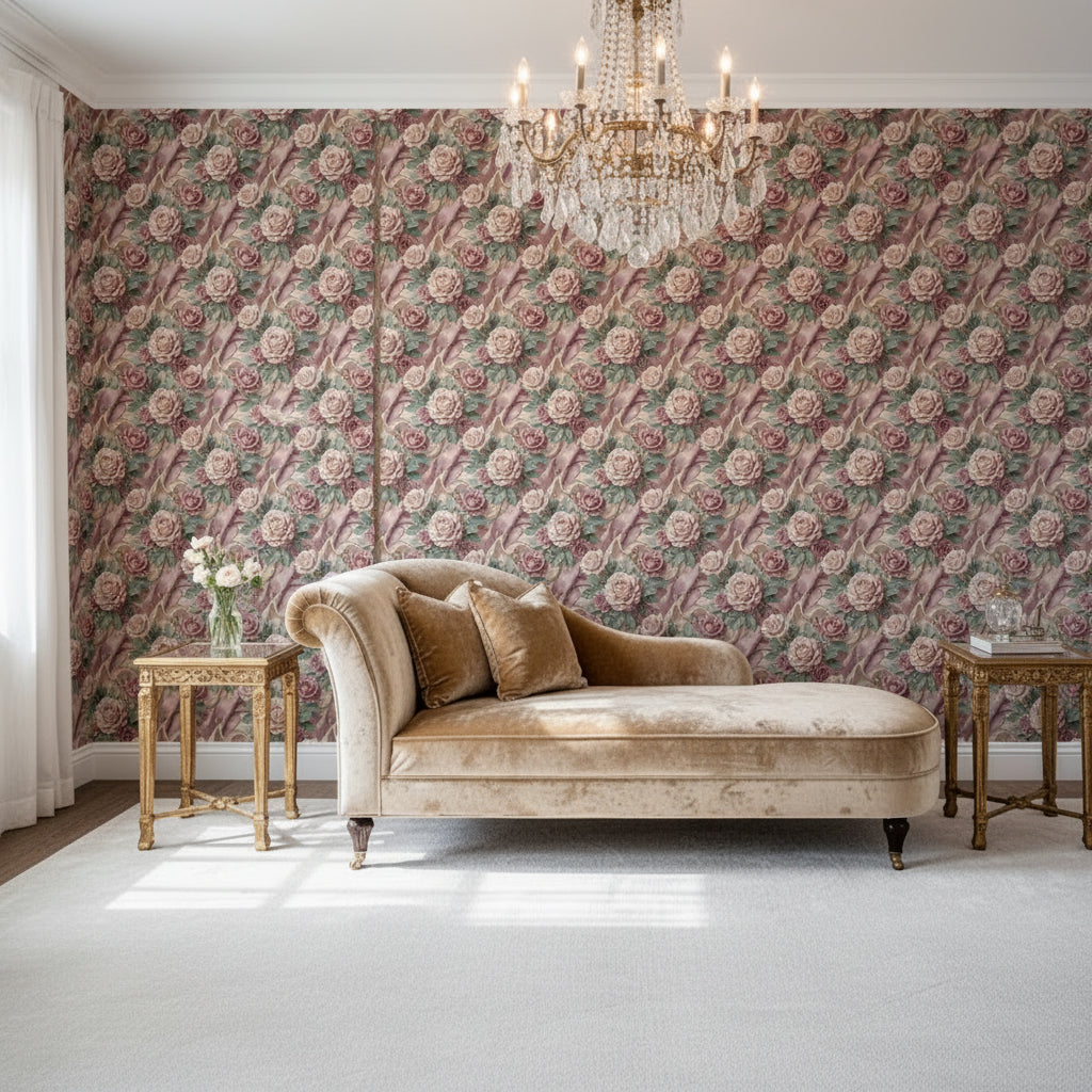 Champagne Silk Bow Wallpaper, Dusty Rose Floral Seamless Pattern, Luxury Botanical Wall Decor, Realistic Fabric Texture Peel and Stick