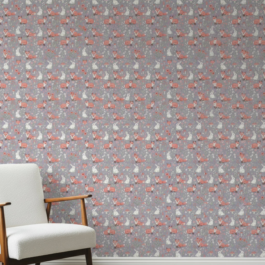 Coral Woodland Animals Wallpaper, Whimsical Fox Rabbit Pattern, Storybook Nursery Decor, Kids Room Wall Art, Cute Forest