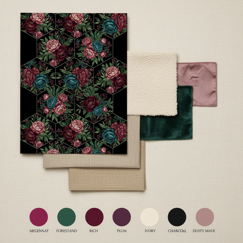 Geometric Floral Wallpaper, Hexagon Botanical Pattern, Dark Romantic Maximalist, Burgundy Teal Green, Luxury Modern Wallpaper