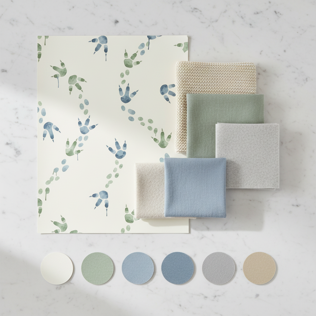 Blue Dinosaur Footprint Wallpaper, Kids Nature Decor, Trail Pattern Nursery Art, Minimalist Seamless Design