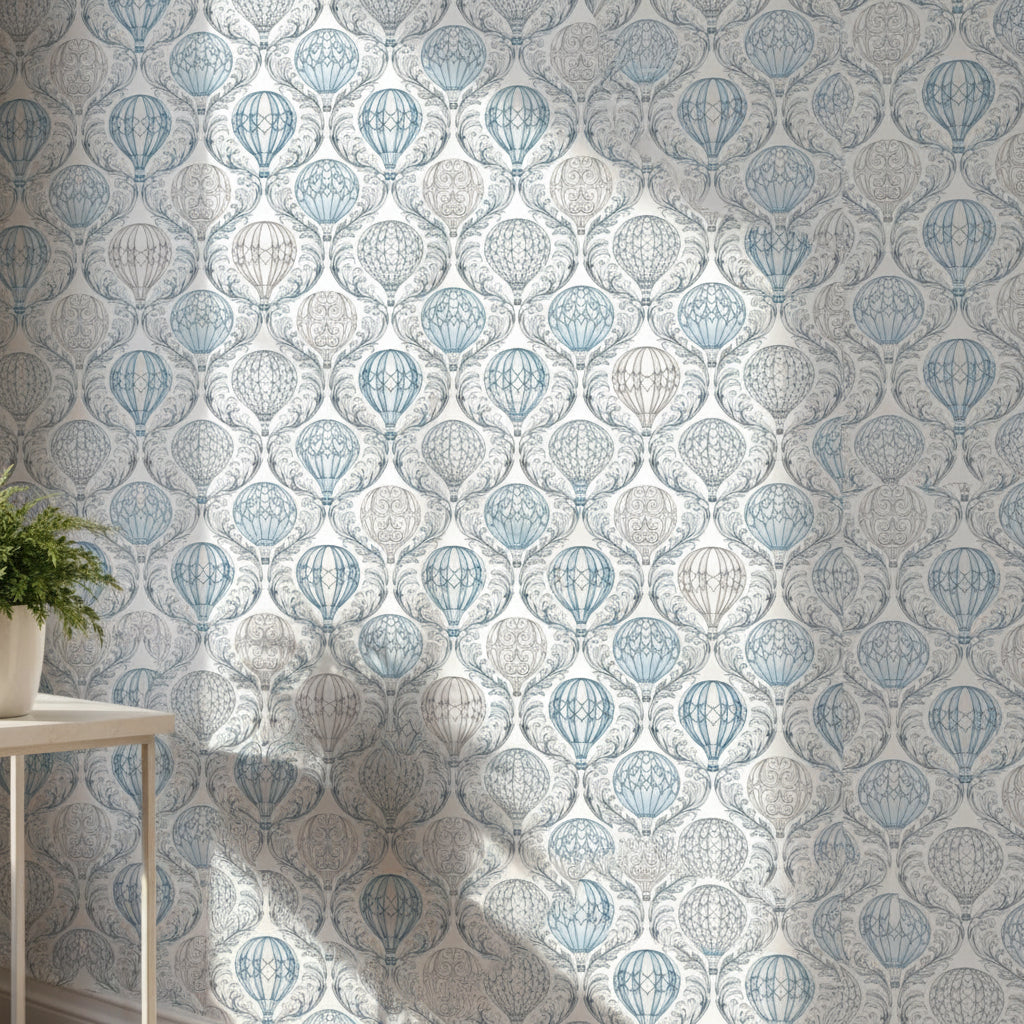 Damask Hot Air Balloon Wallpaper, Ornate Blue Pattern, Luxury Nursery Decor, Baroque Cloud Design, Premium Wall Art